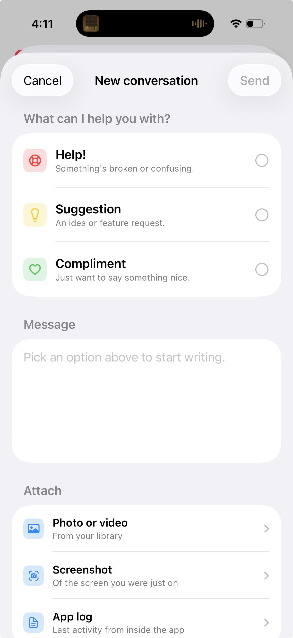 The in-app Help & Feedback screen