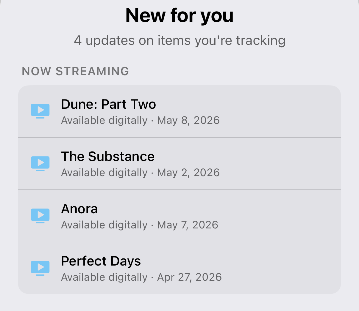 A New For You feed — sequels and new seasons of things you've finished