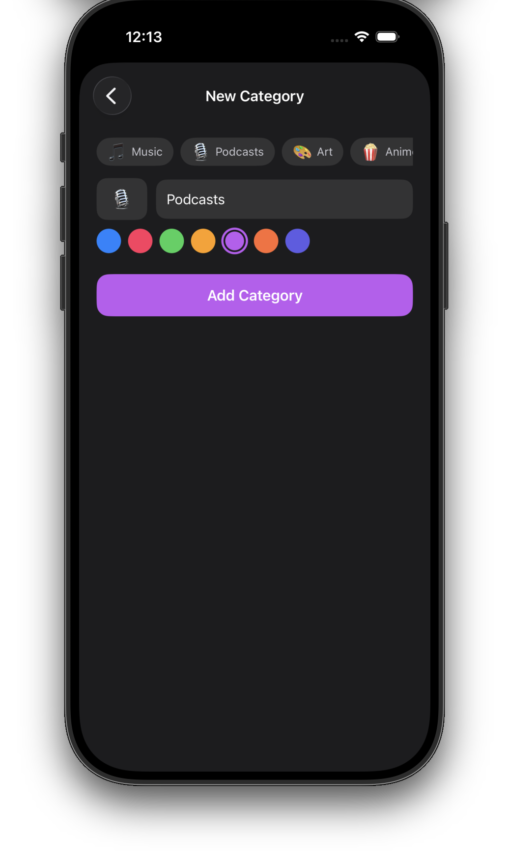 Adding a custom category with a chosen icon and color