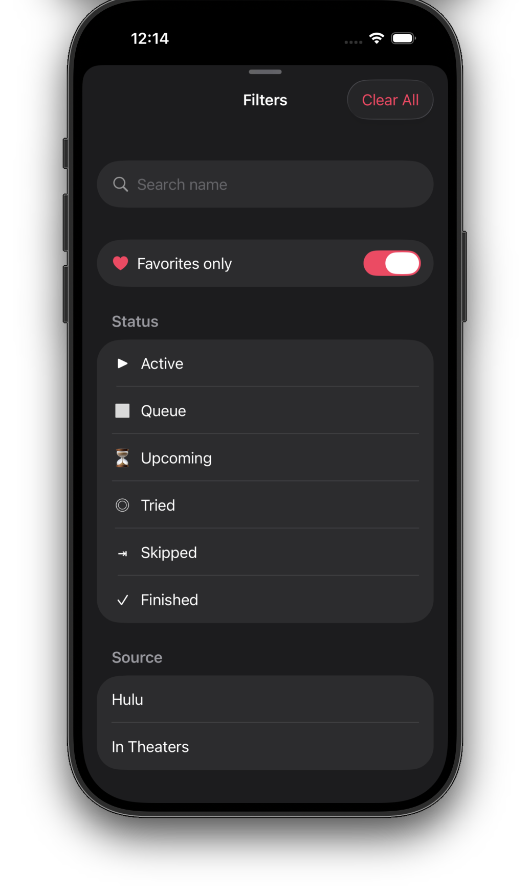 The Filters sheet with status and source options