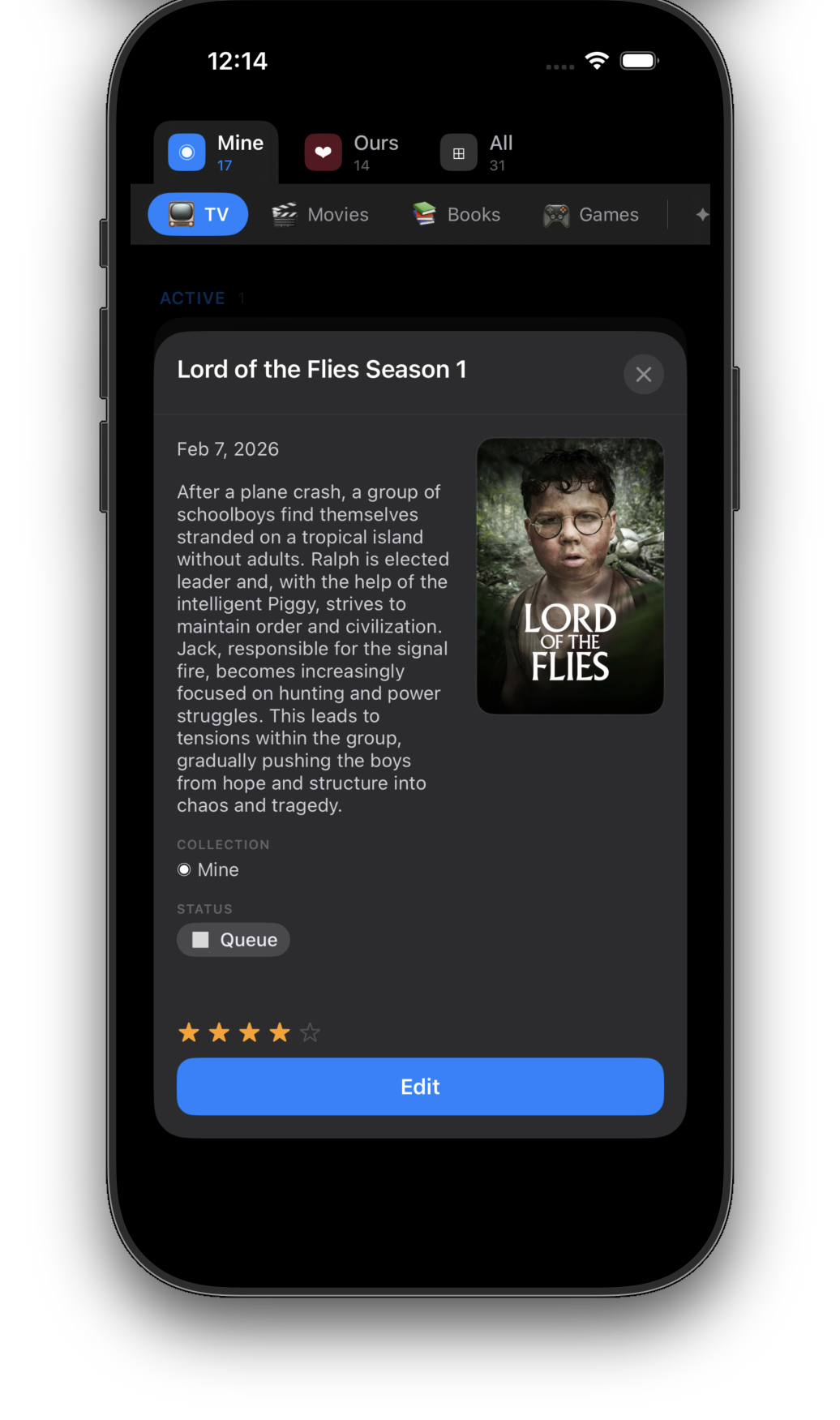 An item detail with description, cover art, and rating